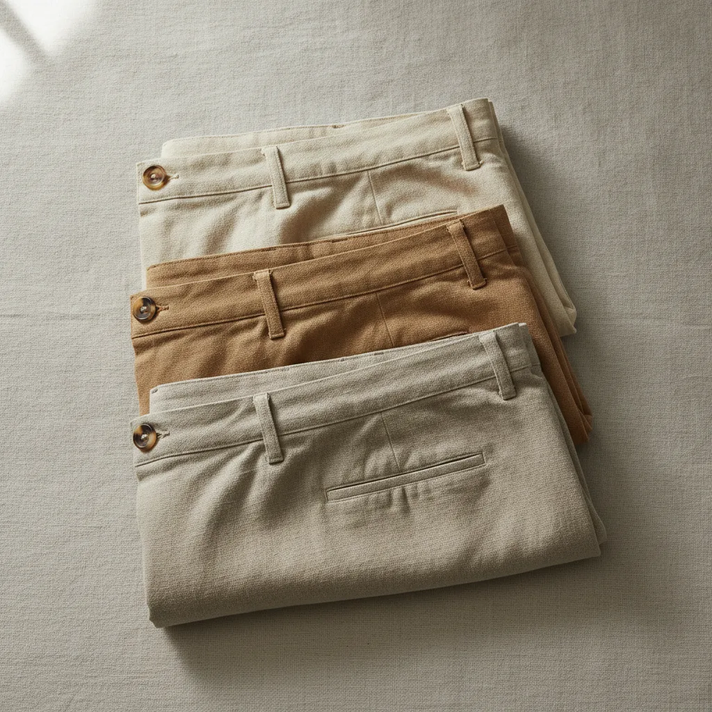 Folded linen trousers in neutral tones
