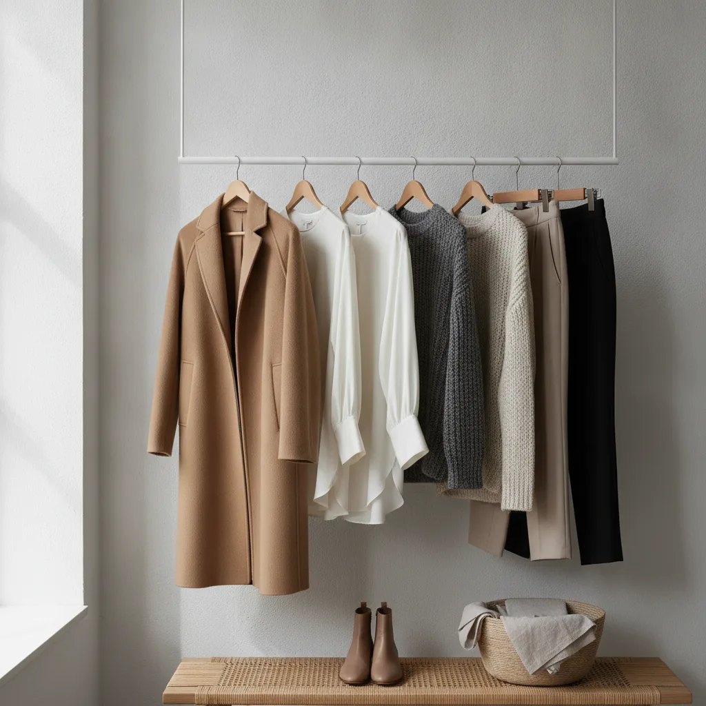 Capsule wardrobe hanging flat against white wall