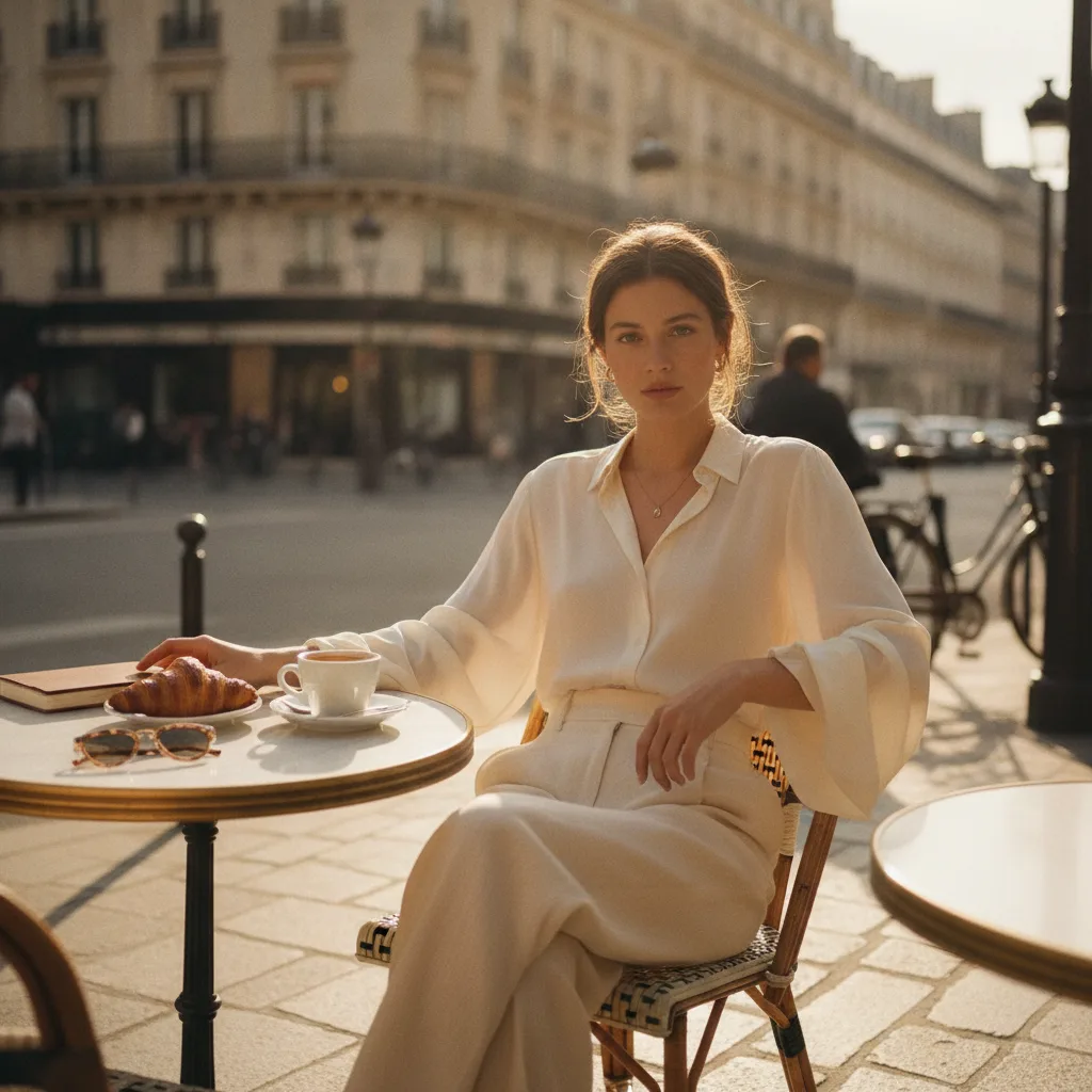 Morning coffee in ivory silk blouse