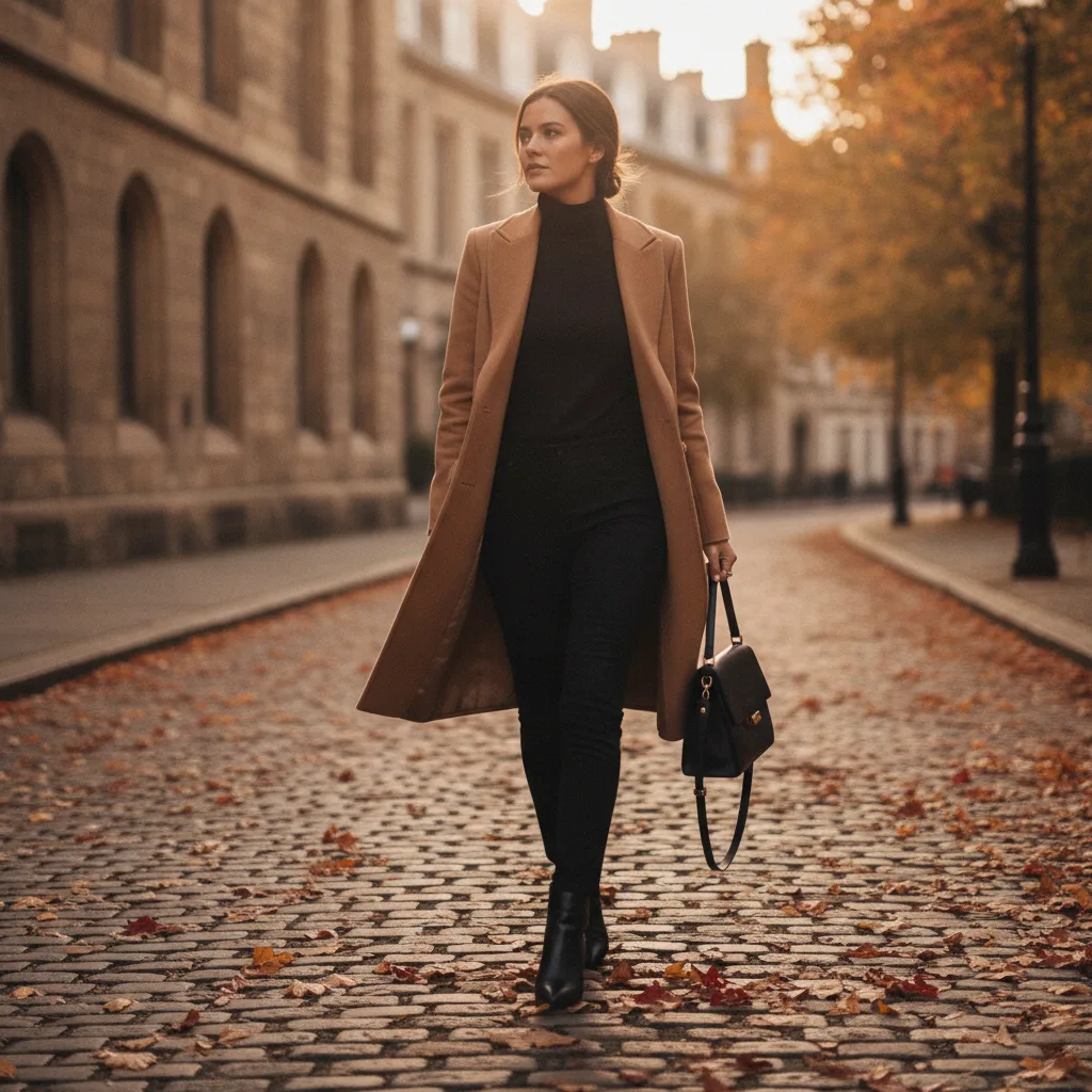 Camel coat over minimal black