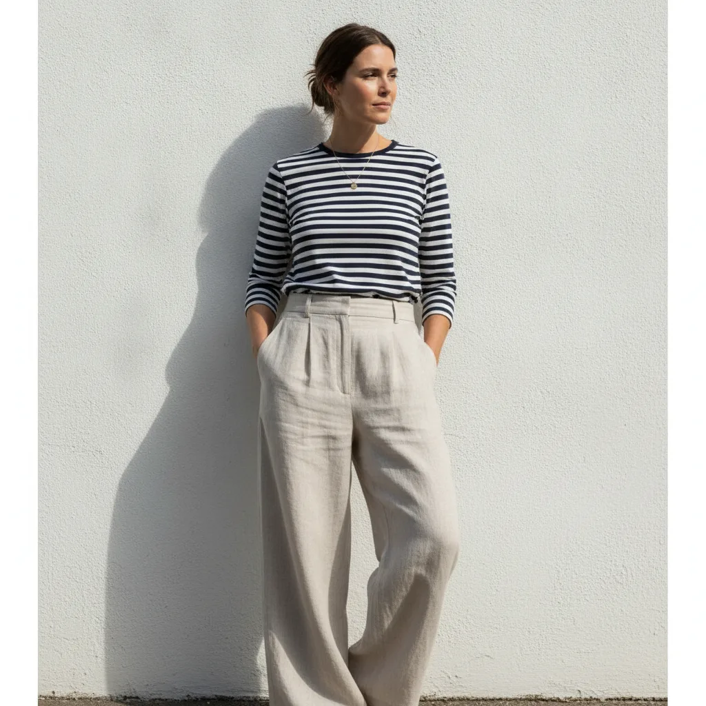 Linen trousers and a striped tee