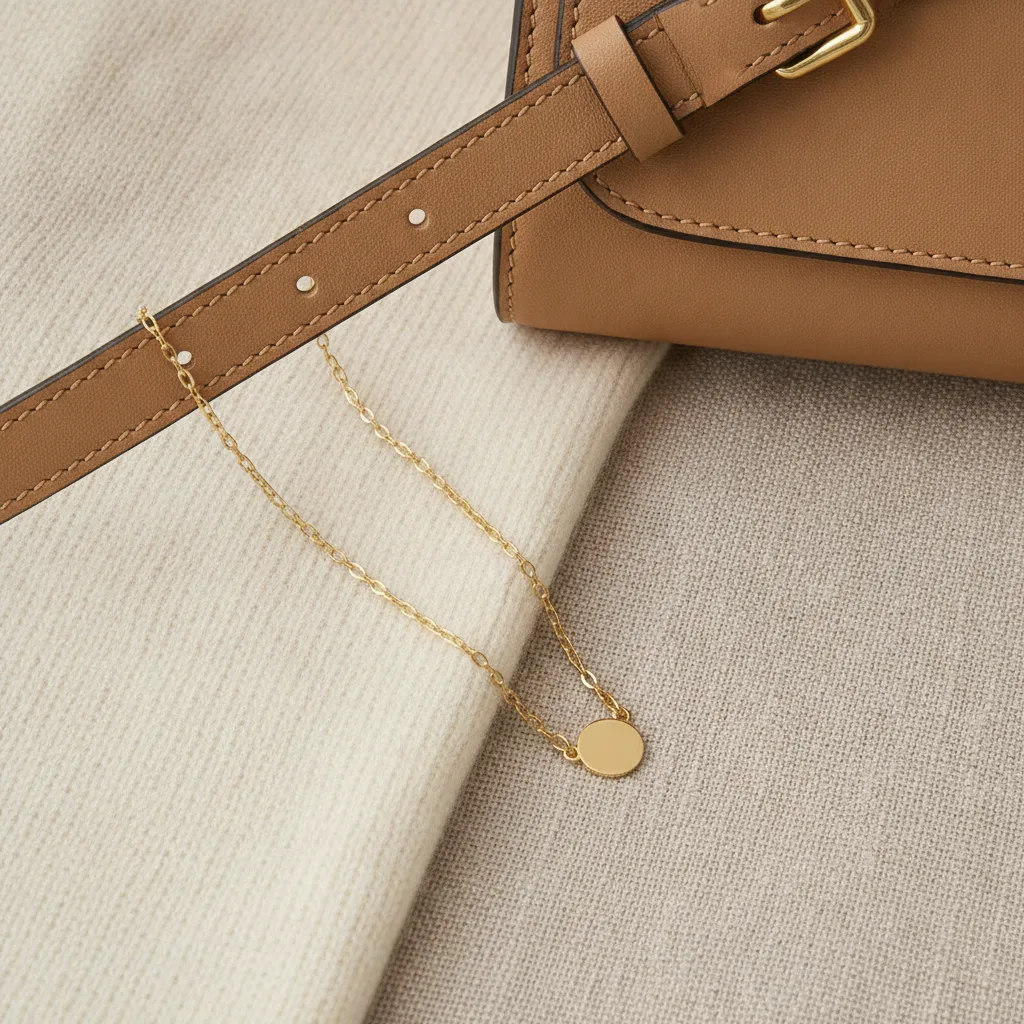 Minimal accessories — gold chain and leather bag
