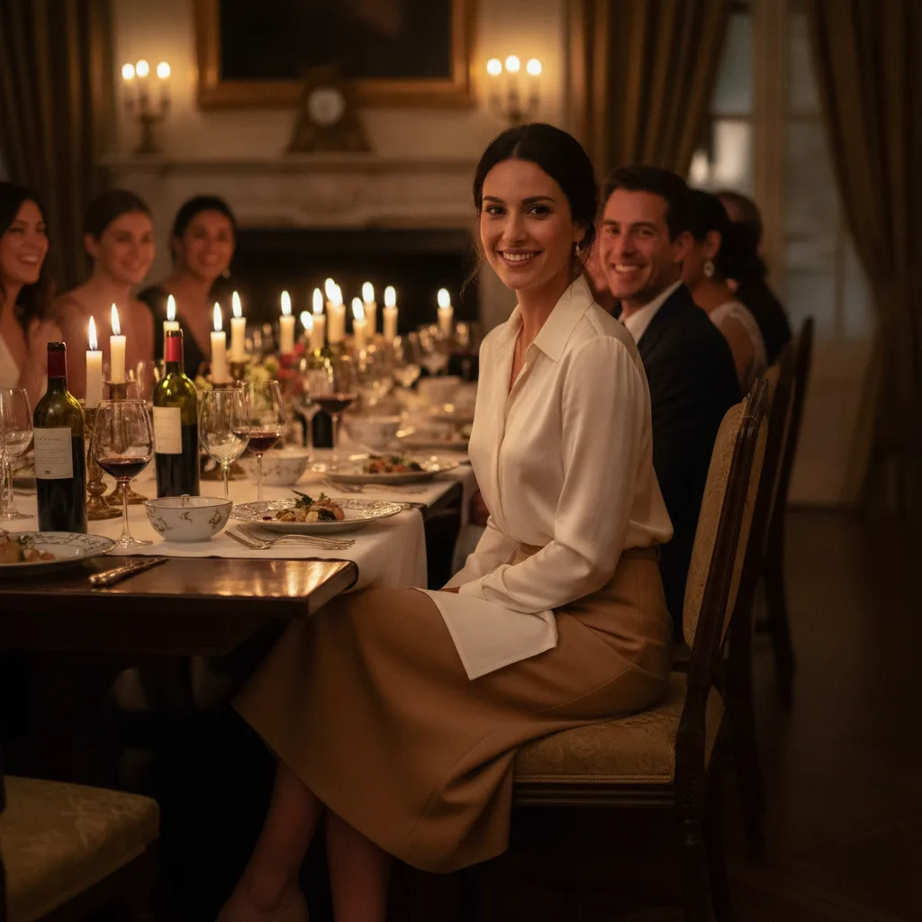 Dinner look: silk blouse tucked into high-waist skirt