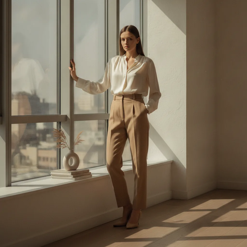 Woman in ivory silk blouse and tailored trousers