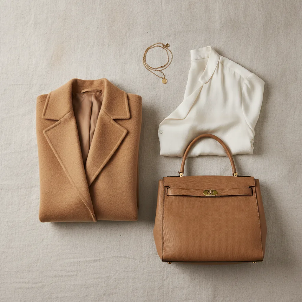 Flat lay of camel coat and accessories